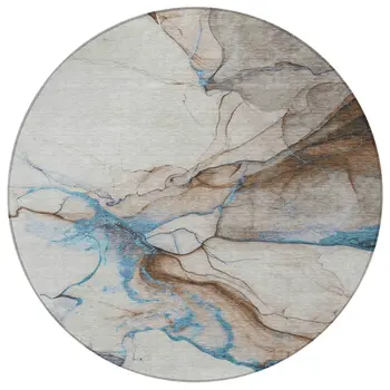 8' Beige And Blue Round Abstract Washable Indoor Outdoor Area Rug