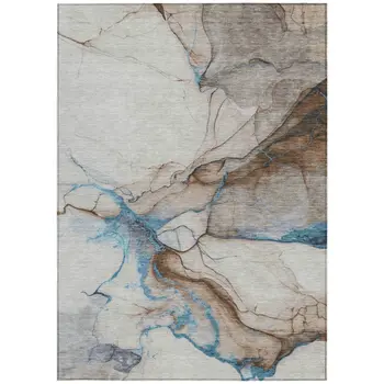 8' X 10' Beige And Blue Abstract Washable Indoor Outdoor Area Rug