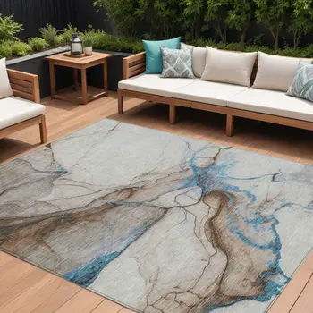 8' X 10' Beige And Blue Abstract Washable Indoor Outdoor Area Rug