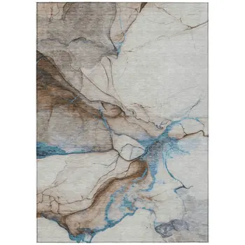 9' X 12' Beige And Blue Abstract Washable Indoor Outdoor Area Rug