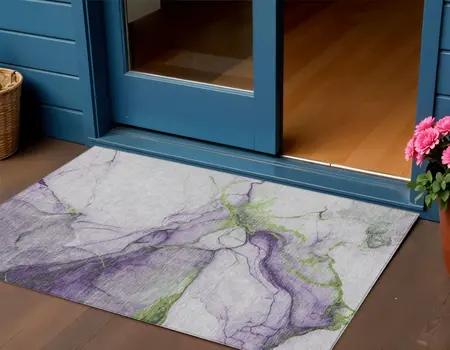 3' X 5' Purple And Fern Green Abstract Washable Indoor Outdoor Area Rug