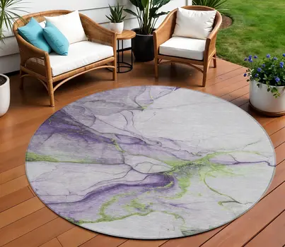 8' Purple And Fern Green Round Abstract Washable Indoor Outdoor Area Rug