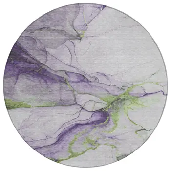 8' Purple And Fern Green Round Abstract Washable Indoor Outdoor Area Rug
