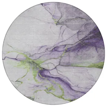 8' Purple And Fern Green Round Abstract Washable Indoor Outdoor Area Rug