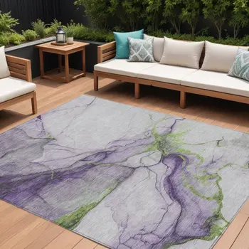 9' X 12' Purple And Fern Green Abstract Washable Indoor Outdoor Area Rug