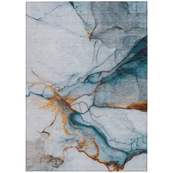 5' X 8' Sky Blue And Copper Abstract Washable Indoor Outdoor Area Rug