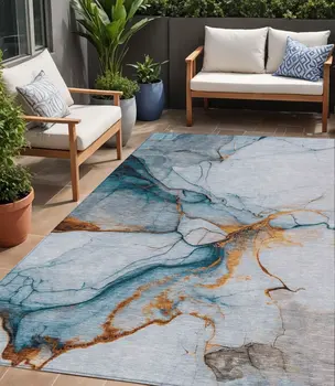 5' X 8' Sky Blue And Copper Abstract Washable Indoor Outdoor Area Rug