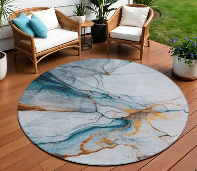 8' Sky Blue And Copper Round Abstract Washable Indoor Outdoor Area Rug