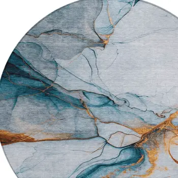 8' Sky Blue And Copper Round Abstract Washable Indoor Outdoor Area Rug