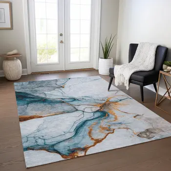 8' X 10' Sky Blue And Copper Abstract Washable Indoor Outdoor Area Rug