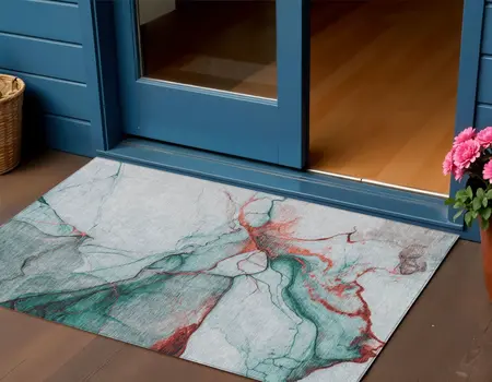 3' X 5' Teal Blue And Terra Cotta Abstract Washable Indoor Outdoor Area Rug