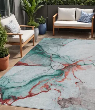 5' X 8' Teal Blue And Terra Cotta Abstract Washable Indoor Outdoor Area Rug
