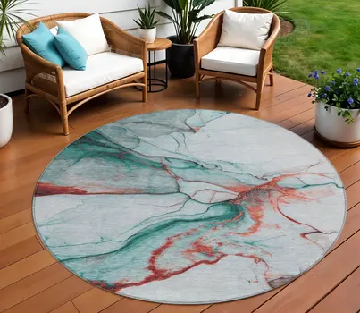 8' Teal Blue And Terra Cotta Round Abstract Washable Indoor Outdoor Area Rug