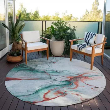 8' Teal Blue And Terra Cotta Round Abstract Washable Indoor Outdoor Area Rug