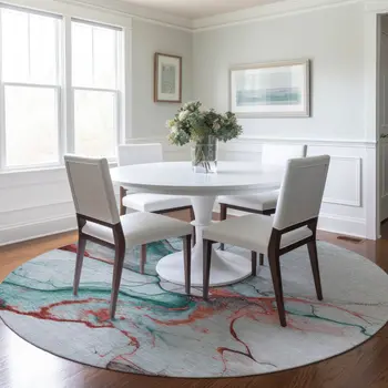 8' Teal Blue And Terra Cotta Round Abstract Washable Indoor Outdoor Area Rug