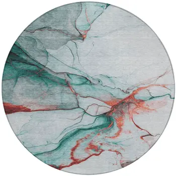 8' Teal Blue And Terra Cotta Round Abstract Washable Indoor Outdoor Area Rug