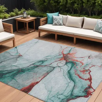 10' X 14' Teal Blue And Terra Cotta Abstract Washable Indoor Outdoor Area Rug