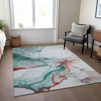 10' X 14' Teal Blue And Terra Cotta Abstract Washable Indoor Outdoor Area Rug