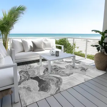 5' X 8' Gray And Silver Abstract Washable Indoor Outdoor Area Rug