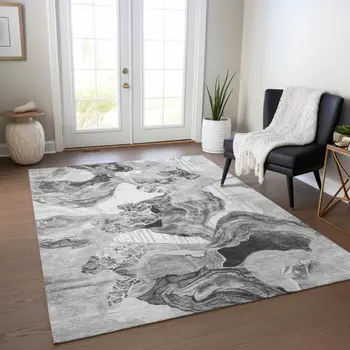 5' X 8' Gray And Silver Abstract Washable Indoor Outdoor Area Rug