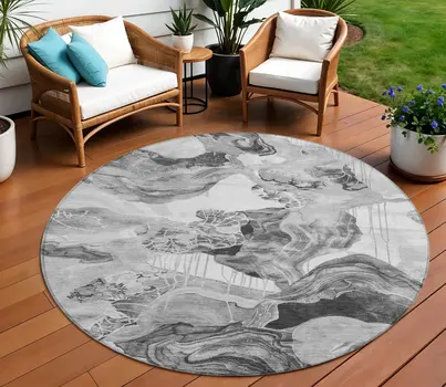 8' Gray And Silver Round Abstract Washable Indoor Outdoor Area Rug
