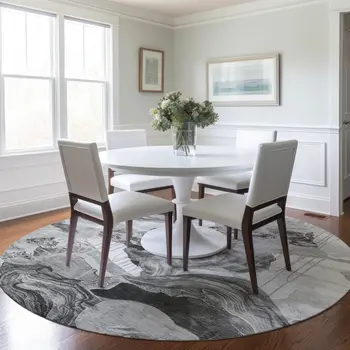 8' Gray And Silver Round Abstract Washable Indoor Outdoor Area Rug
