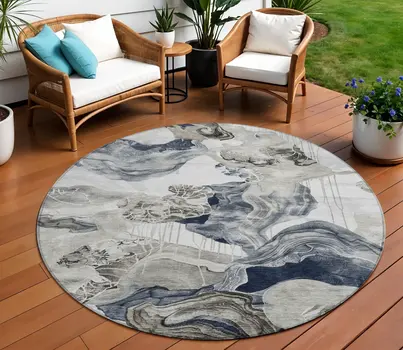 8' Ivory And Gray Round Abstract Washable Indoor Outdoor Area Rug