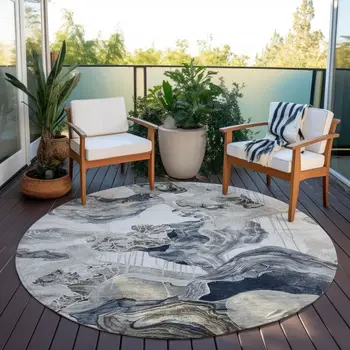 8' Ivory And Gray Round Abstract Washable Indoor Outdoor Area Rug