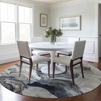 8' Ivory And Gray Round Abstract Washable Indoor Outdoor Area Rug