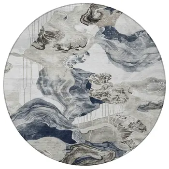 8' Ivory And Gray Round Abstract Washable Indoor Outdoor Area Rug