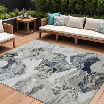 10' X 14' Ivory And Gray Abstract Washable Indoor Outdoor Area Rug