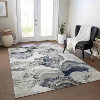 10' X 14' Ivory And Gray Abstract Washable Indoor Outdoor Area Rug