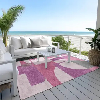 5' X 8' Blush And Mauve Geometric Washable Indoor Outdoor Area Rug