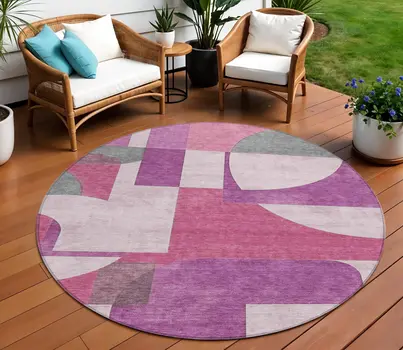 8' Blush And Mauve Round Geometric Washable Indoor Outdoor Area Rug