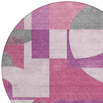 8' Blush And Mauve Round Geometric Washable Indoor Outdoor Area Rug