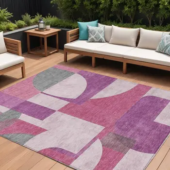 9' X 12' Blush And Mauve Geometric Washable Indoor Outdoor Area Rug