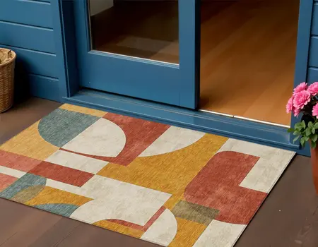 3' X 5' Coral Gold And Ivory Geometric Washable Indoor Outdoor Area Rug