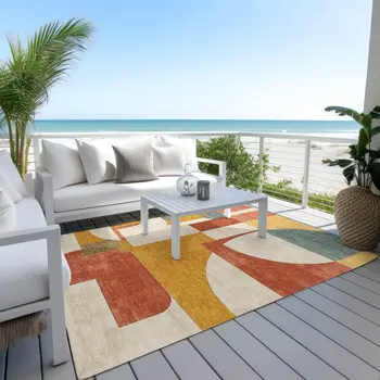 3' X 5' Coral Gold And Ivory Geometric Washable Indoor Outdoor Area Rug