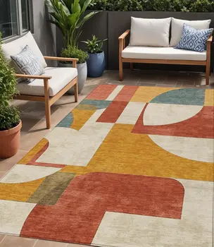 5' X 8' Coral Gold And Ivory Geometric Washable Indoor Outdoor Area Rug