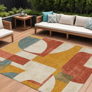 8' X 10' Coral Gold And Ivory Geometric Washable Indoor Outdoor Area Rug