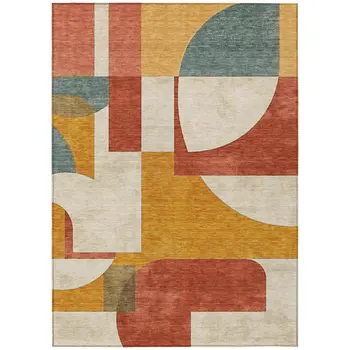 10' X 14' Coral Gold And Ivory Geometric Washable Indoor Outdoor Area Rug