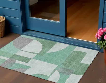 3' X 5' Green Sage And Gray Geometric Washable Indoor Outdoor Area Rug