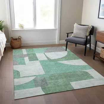 3' X 5' Green Sage And Gray Geometric Washable Indoor Outdoor Area Rug