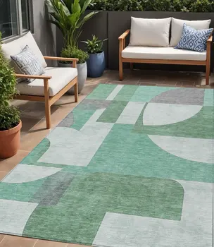 5' X 8' Green Sage And Gray Geometric Washable Indoor Outdoor Area Rug