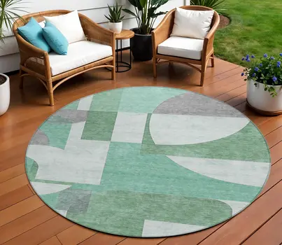 8' Green Sage And Gray Round Geometric Washable Indoor Outdoor Area Rug