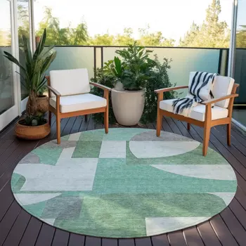 8' Green Sage And Gray Round Geometric Washable Indoor Outdoor Area Rug