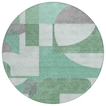 8' Green Sage And Gray Round Geometric Washable Indoor Outdoor Area Rug