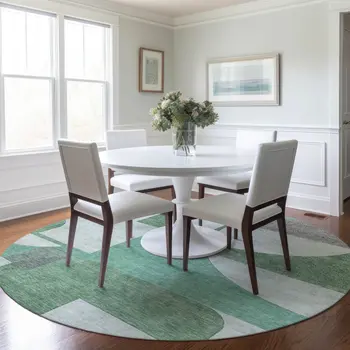 8' Green Sage And Gray Round Geometric Washable Indoor Outdoor Area Rug