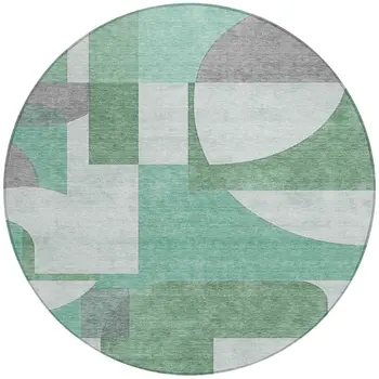 8' Green Sage And Gray Round Geometric Washable Indoor Outdoor Area Rug
