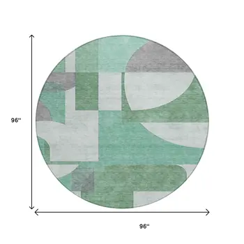 8' Green Sage And Gray Round Geometric Washable Indoor Outdoor Area Rug